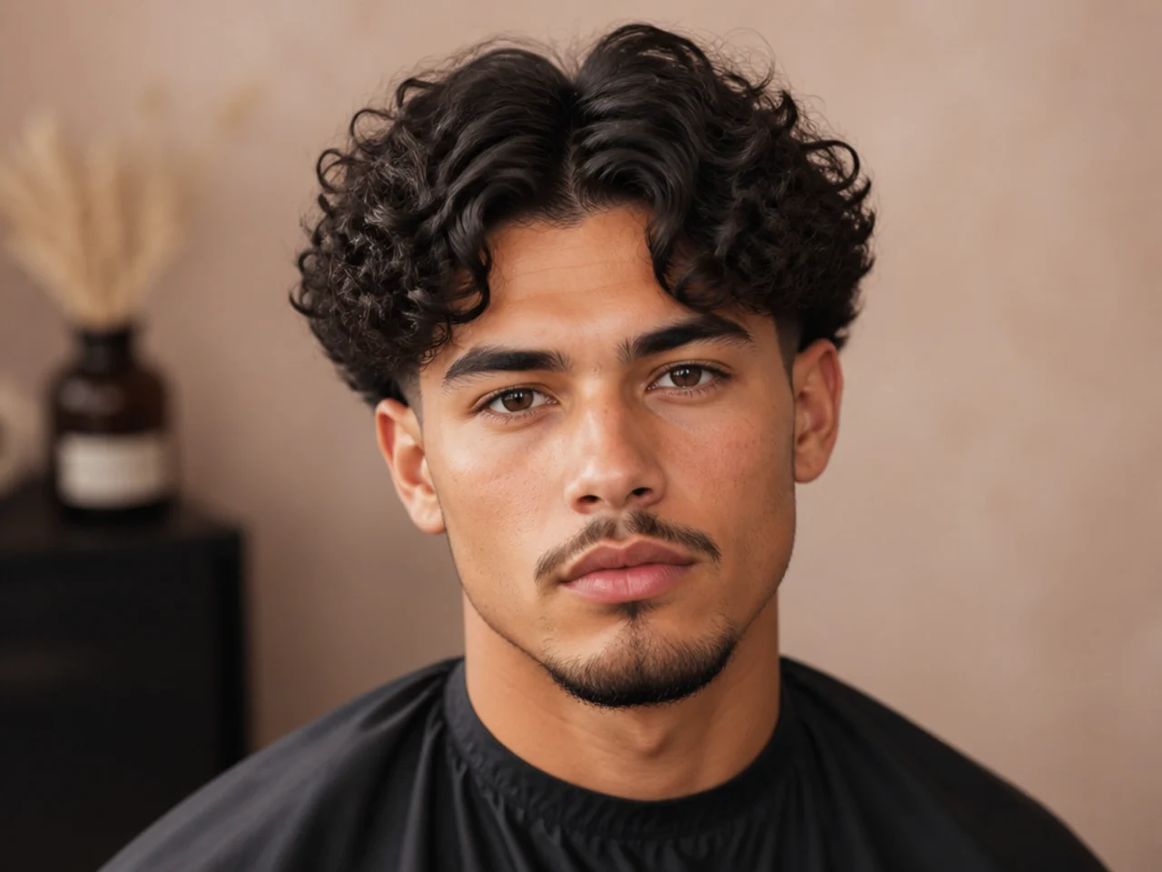 Curly 3A middle part with low taper fade and length falling past the cheekbone