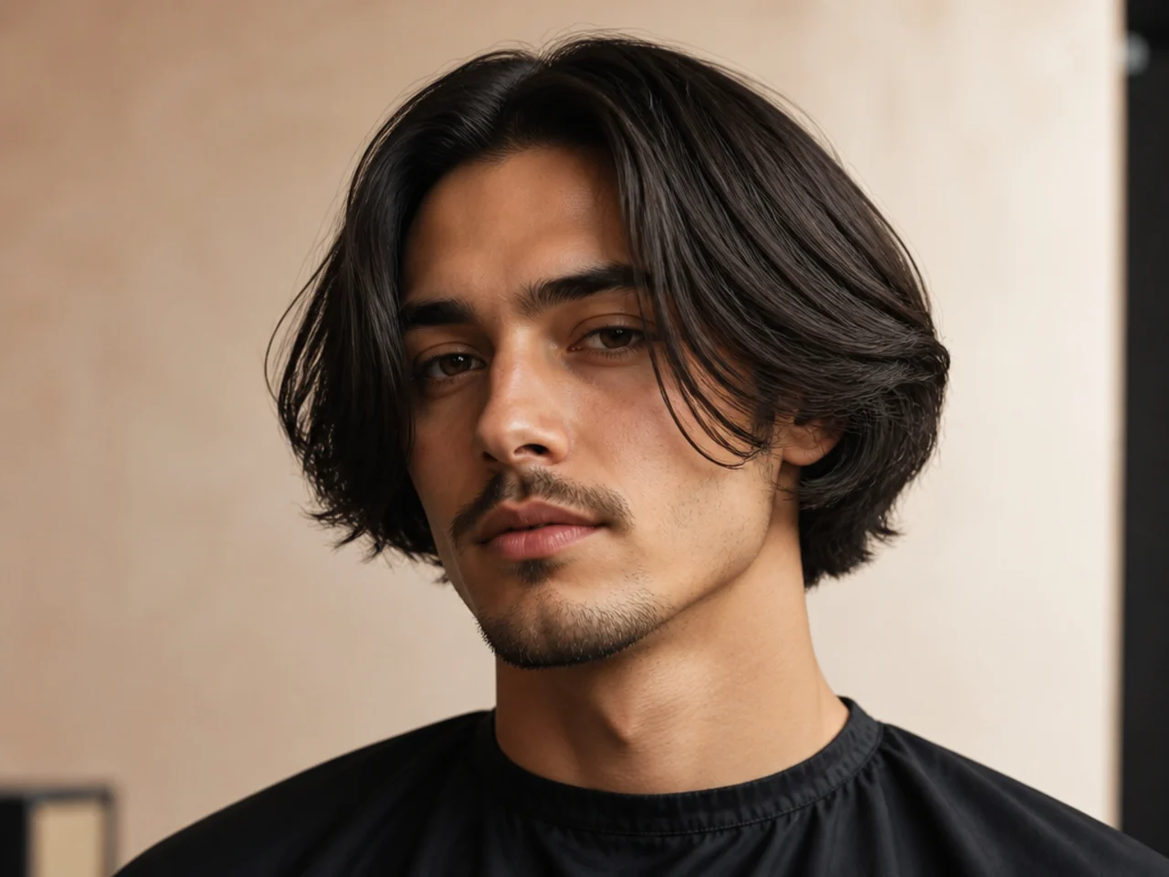 Long chin-length middle part with curtains draping past the jaw and low taper