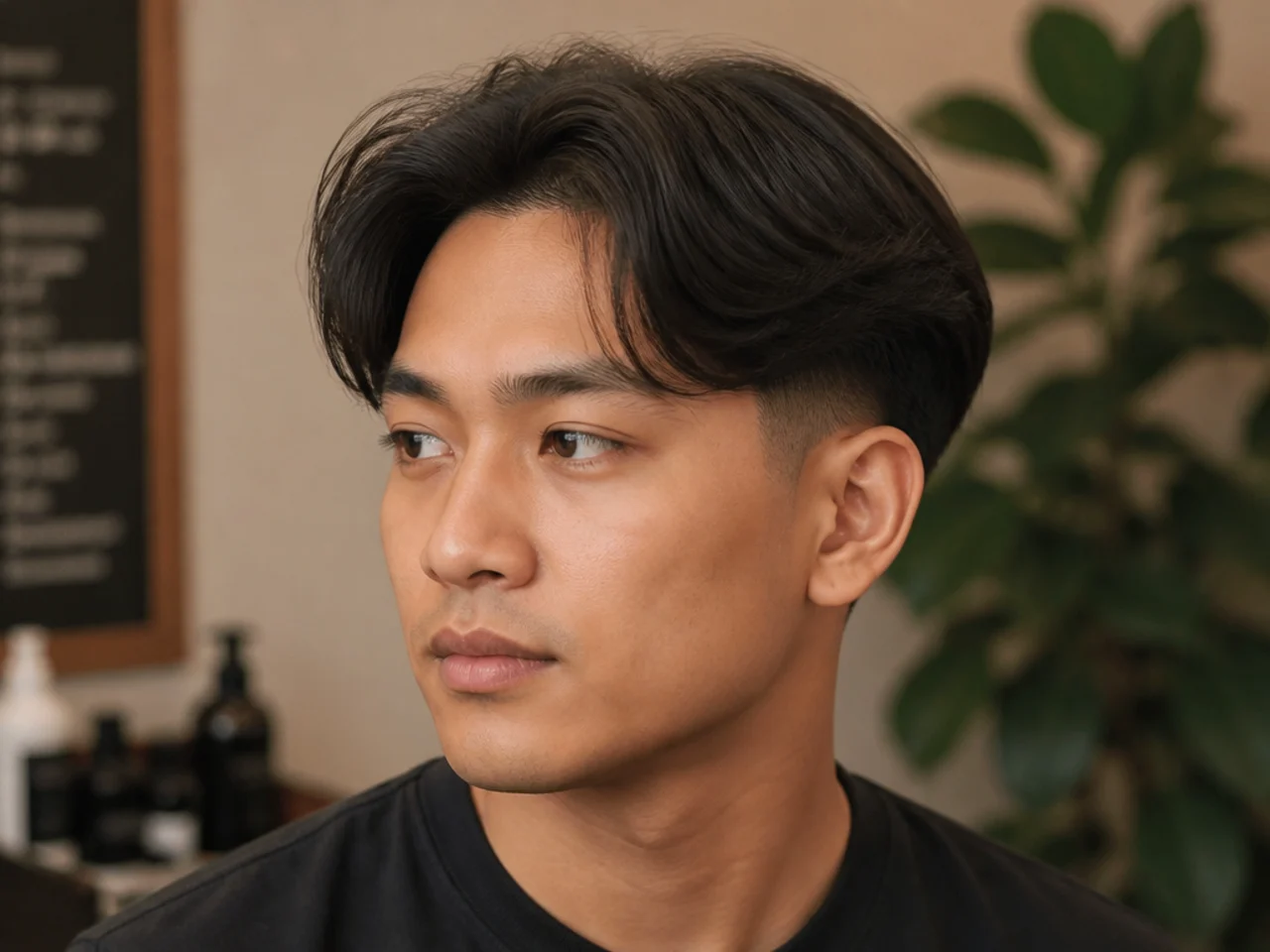 Client showing a middle part reference photo to a barber in a modern barbershop