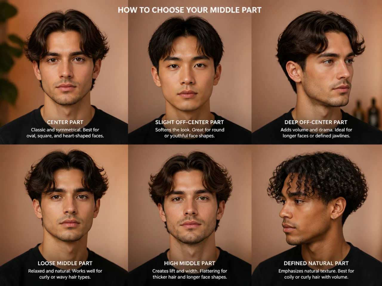 Three men with different middle part styles — straight, wavy, and curly — each finished with a low taper