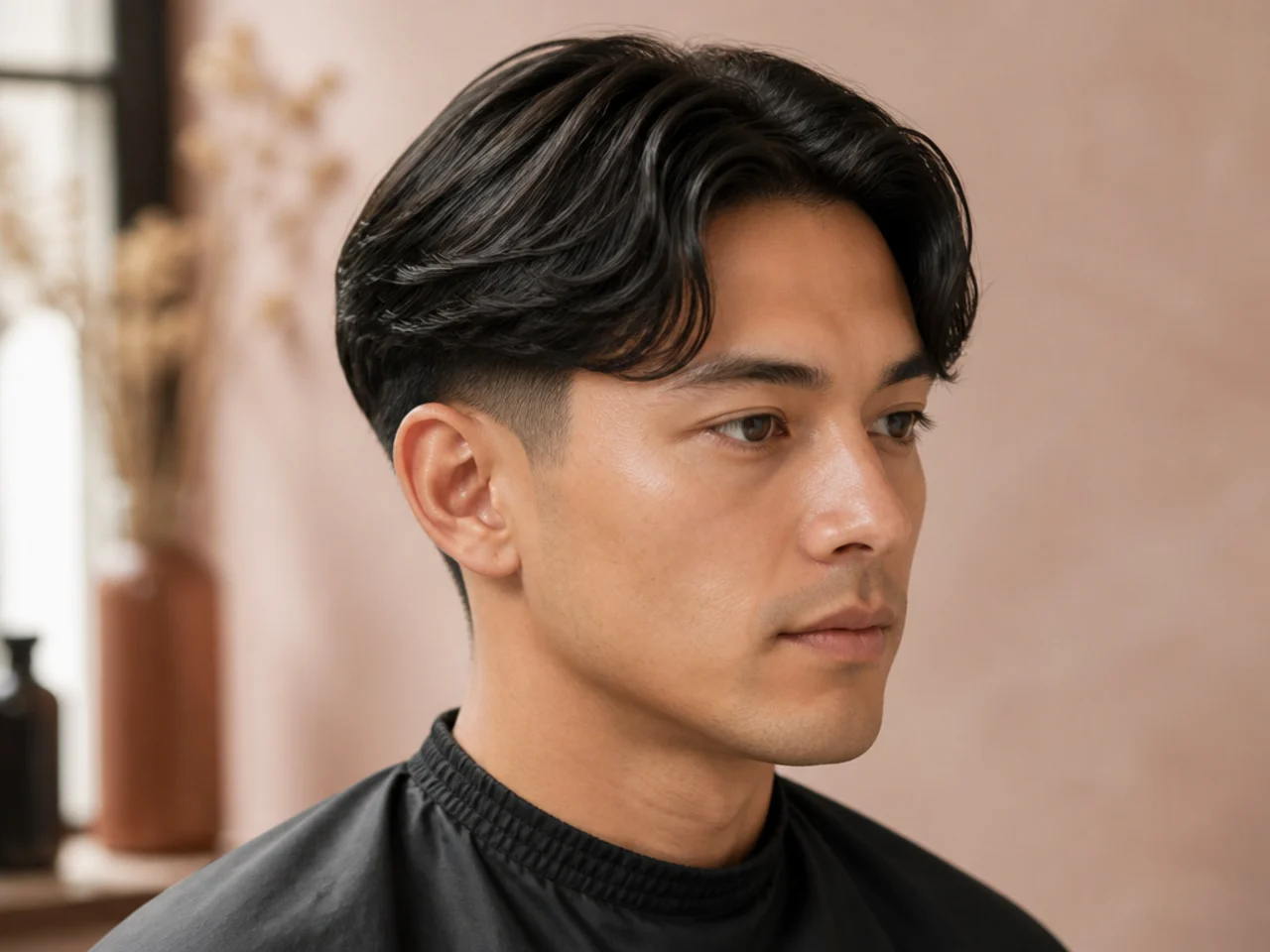 Middle part haircut with a low taper on a young man showing the center split and soft blend above the ear