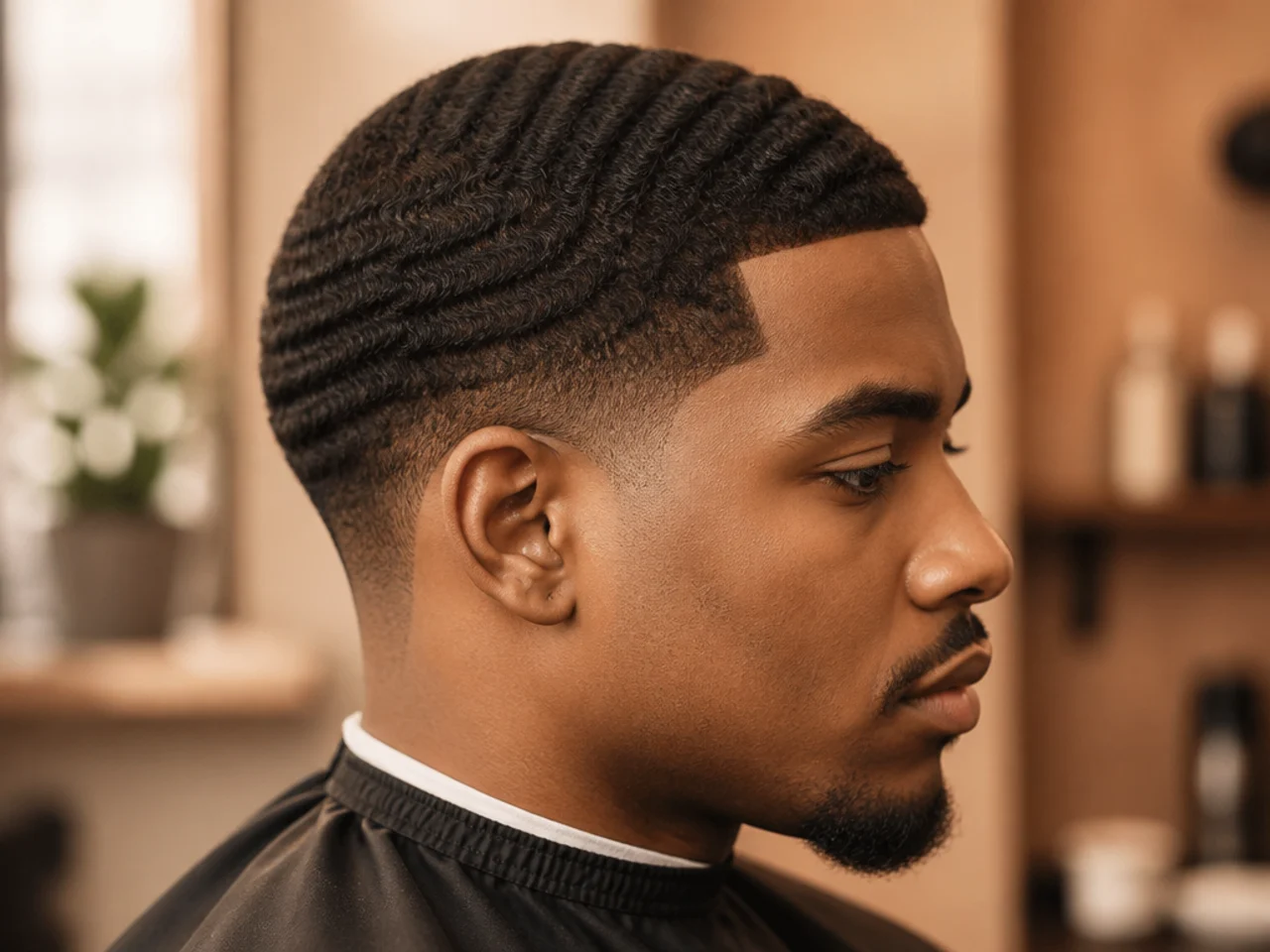 Low taper fade with a deep 360 wave pattern on type 4a hair, brushed spinning pattern under natural light