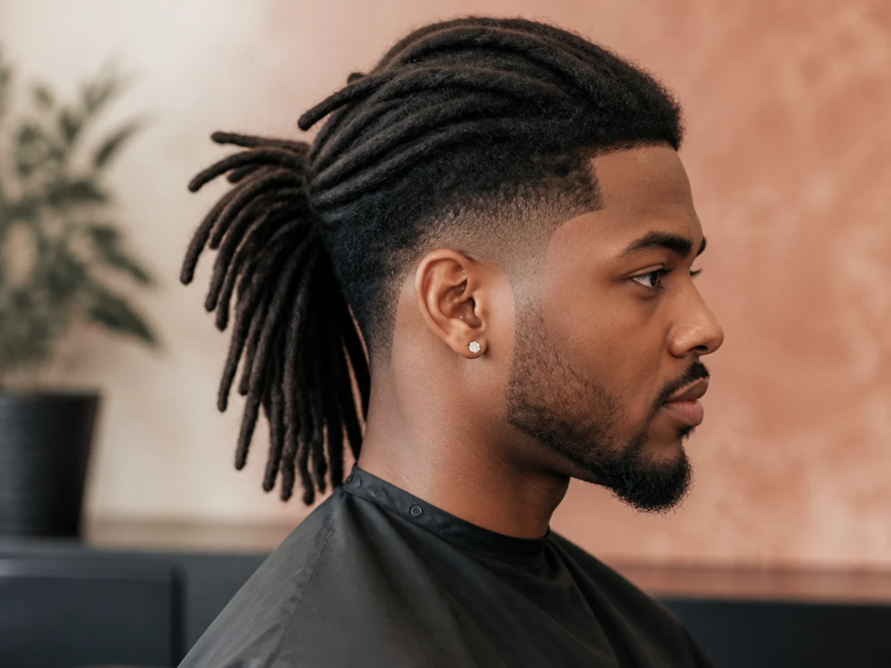 Low taper fade with medium-length locs on top, cleanly blended perimeter, three-quarter barber portrait