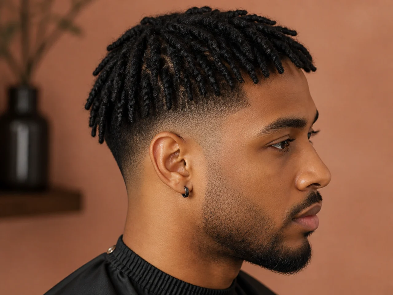 Low taper fade with two-strand twists on top, type 4b hair, clean perimeter and shaped sideburns