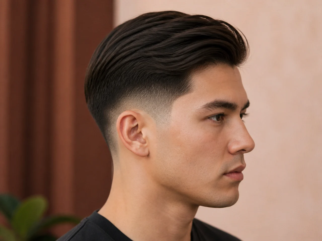 Low taper fade on thick straight brown hair with three inches on top, textured styling, editorial barber portrait