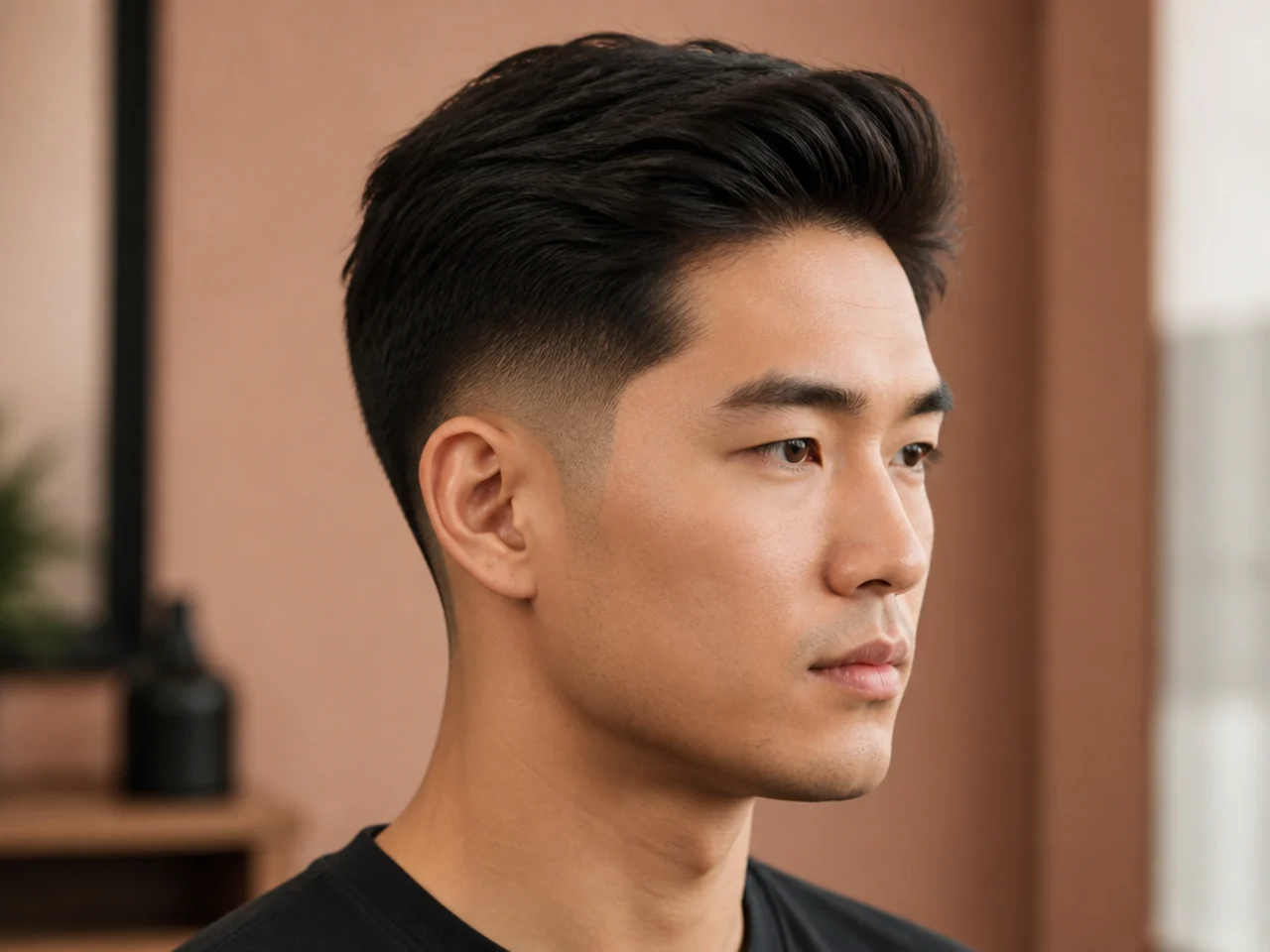 Low taper fade adapted for straight dense Asian hair with a textured top, editorial portrait