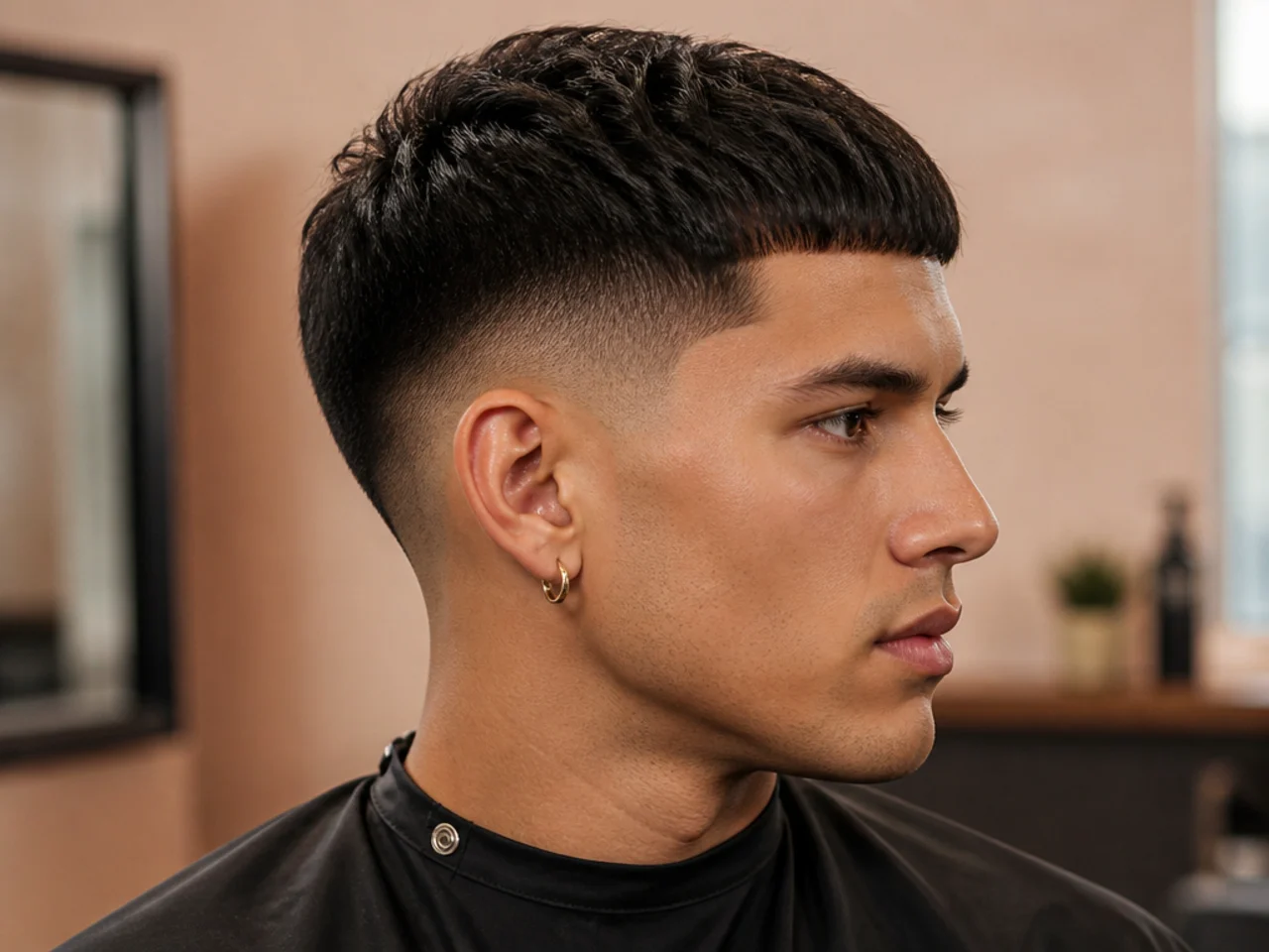Low taper fade with a short Caesar cut and straight blunt fringe on wavy hair, Roman emperor styling