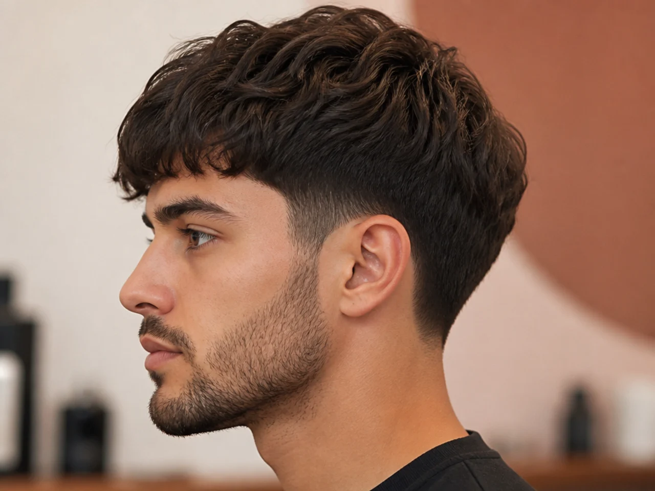 Low taper fade with a textured piecey fringe on medium-length wavy hair, editorial studio portrait