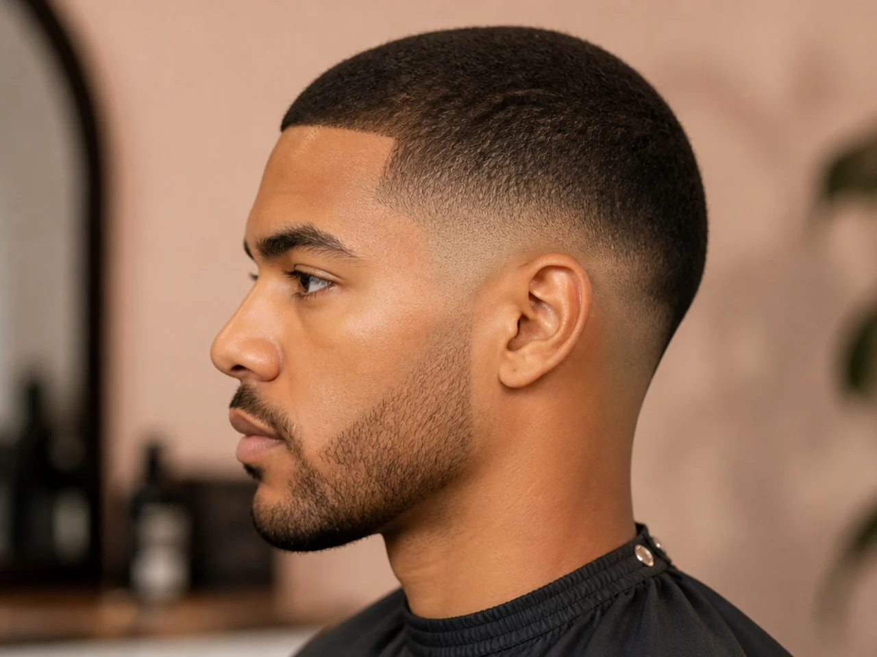 Low taper fade with a short number three buzz on top, minimal maintenance, strong jawline styling