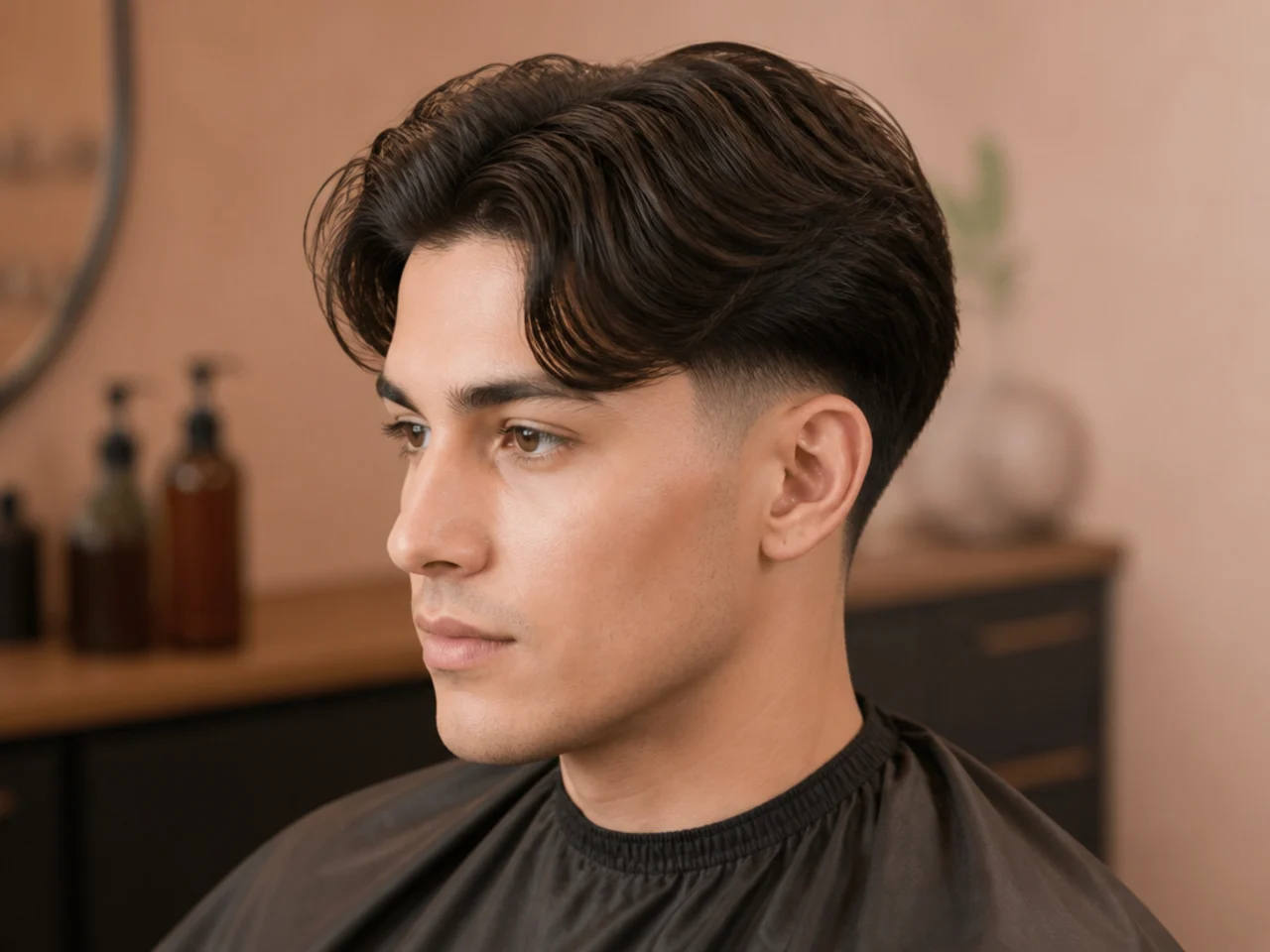 Low taper fade with a curtain-style middle part on straight brown hair, K-drama styling reference