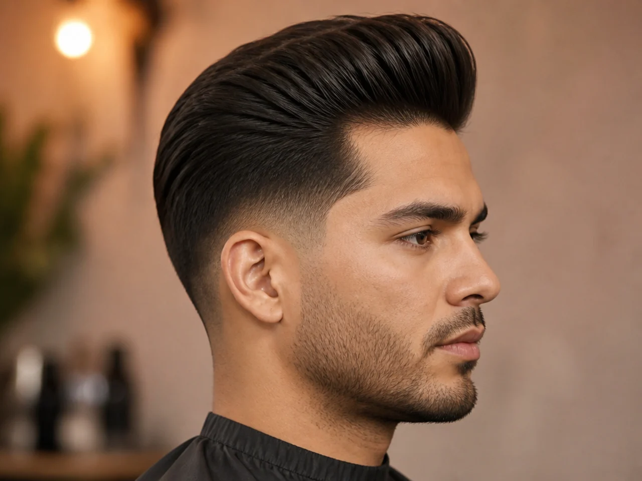 Low taper fade with a full pompadour on thick wavy hair, height at the front, editorial barber portrait