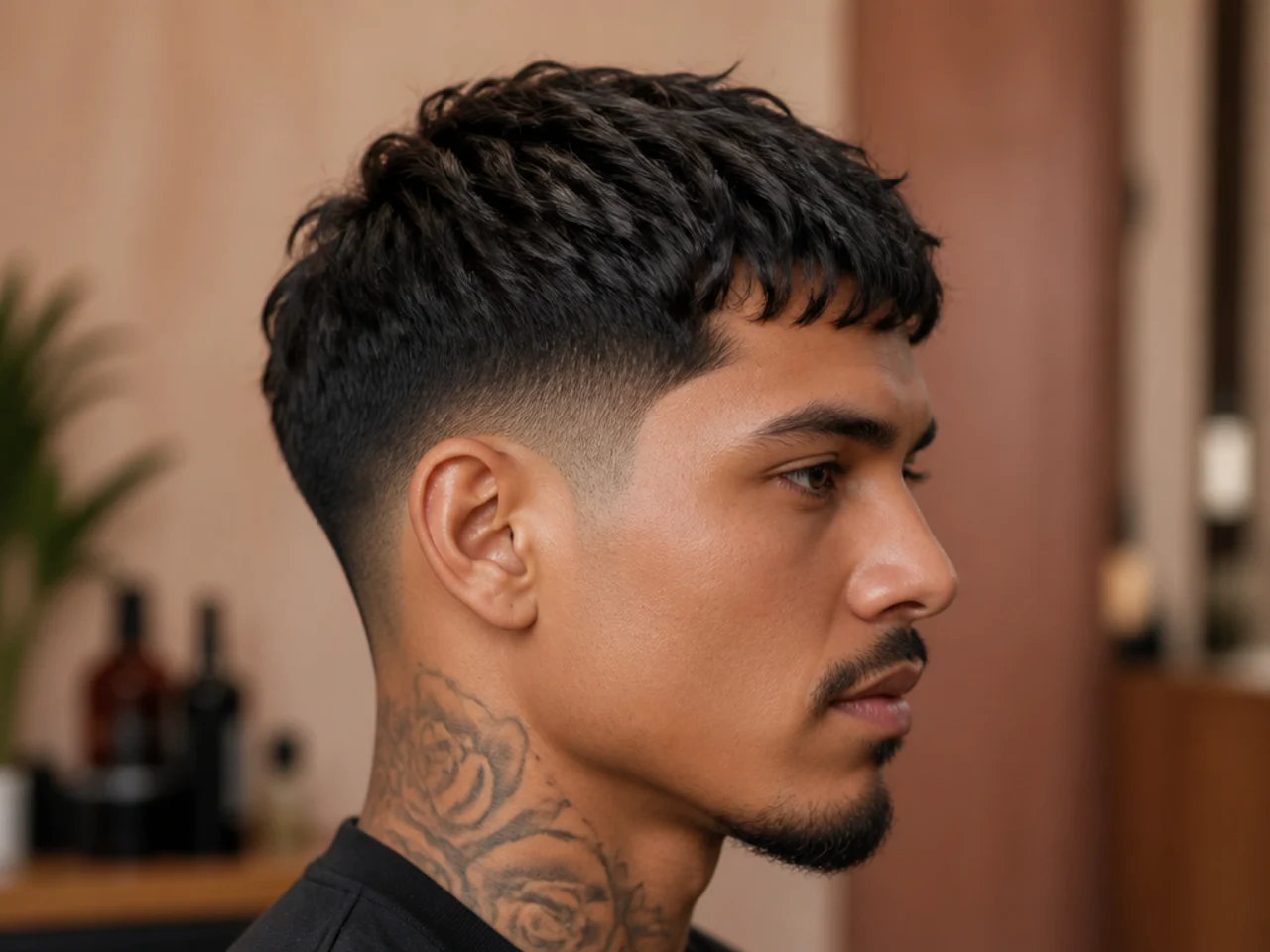 Low taper fade with a choppy textured crop and short blunt fringe on wavy dark hair