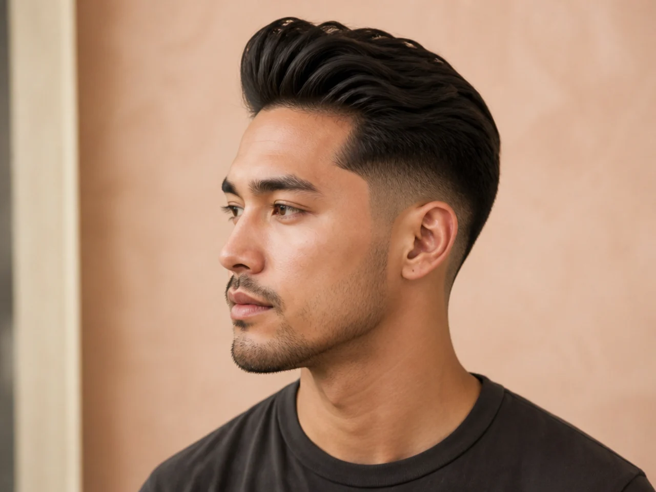 Low taper fade with a quiff sloping back from the front on medium wavy hair, casual editorial styling