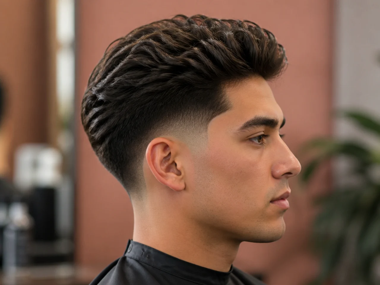 Low taper fade with an explosive curly blowout on type 3b hair, tight perimeter, natural light