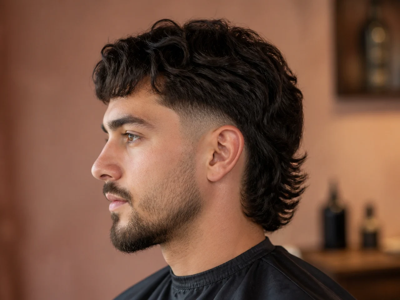 Low taper fade paired with a modern textured mullet, longer back and shorter top, wavy hair