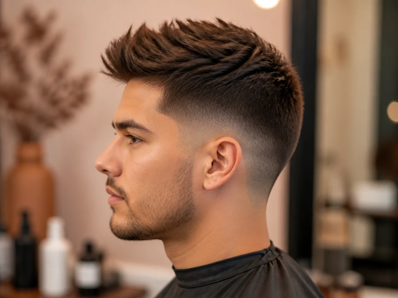 Low taper fade with a faux hawk styled up through the center strip, thick straight hair