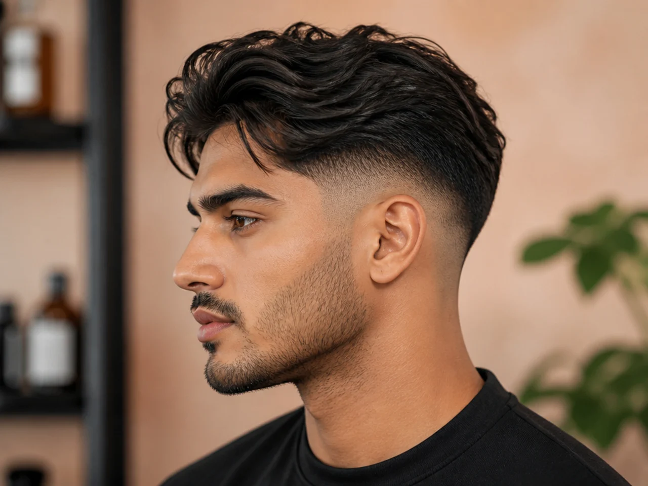 Low taper fade with six inches of hair on top styled loose and swept back, editorial portrait