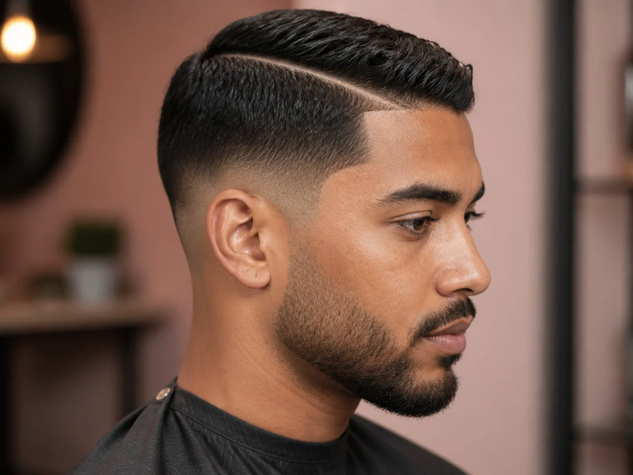 Low taper fade with a razor-etched hard part on one side, three inches on top combed across