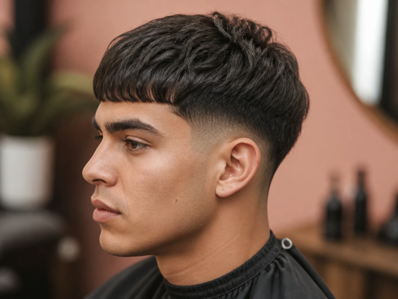 Low taper fade with a blunt Edgar cut fringe and sharp temple points on straight dark hair