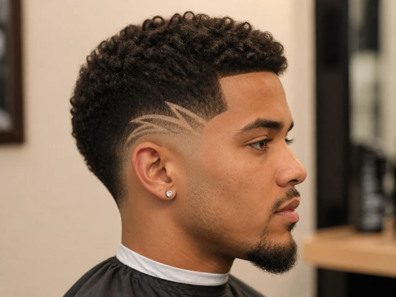 Low taper fade with a razor-etched geometric hair design running through the tapered section
