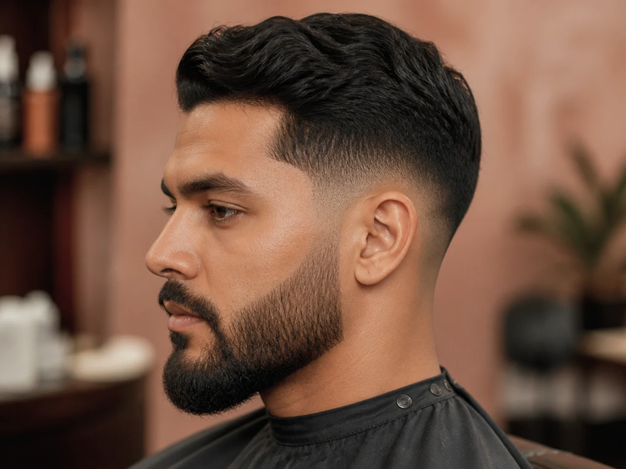 Low taper fade blended into a shaped medium-length beard on a square-jawed man, editorial portrait