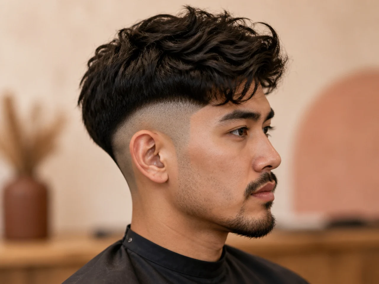 Low taper fade with a disconnected undercut top, long slicked-back hair over shaved perimeter