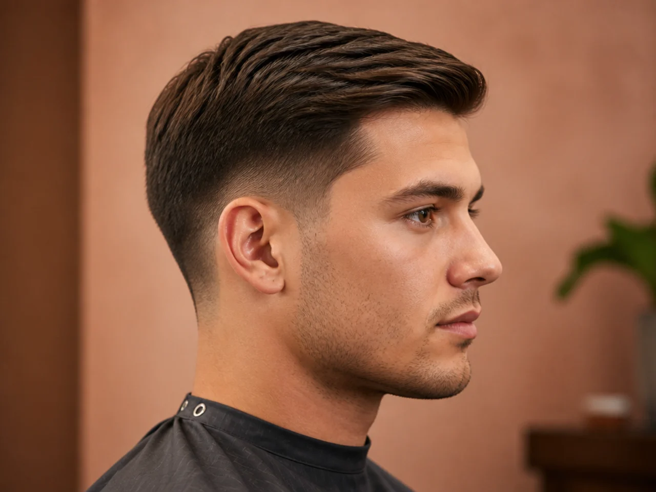 Low taper fade with a three-inch Ivy League top swept neatly to one side on straight blond hair