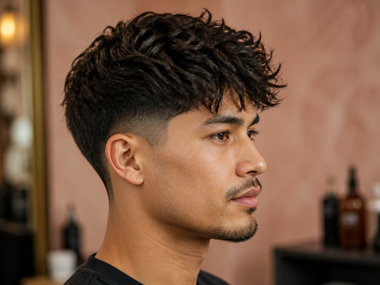 Low taper fade with intentionally messy piecey texture on top, wavy medium-length hair