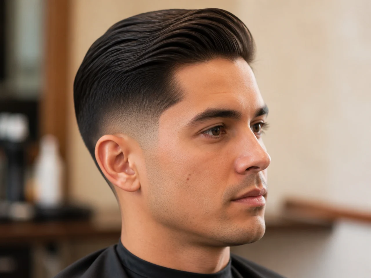 Low taper fade with a defined side part and comb over on thick brown hair, editorial barber portrait