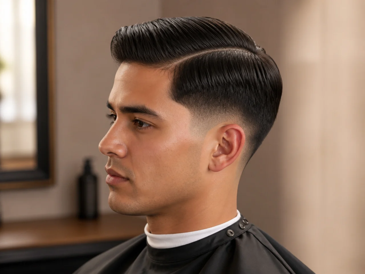 Low taper fade with a soft natural side part on medium-length straight hair, workplace-friendly styling