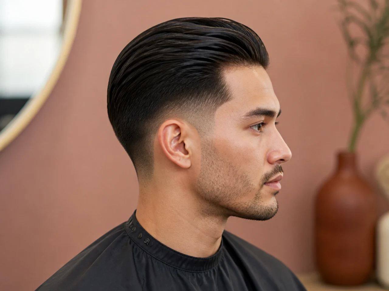Low taper fade with a glossy slick back on straight dark hair, vintage barbershop styling