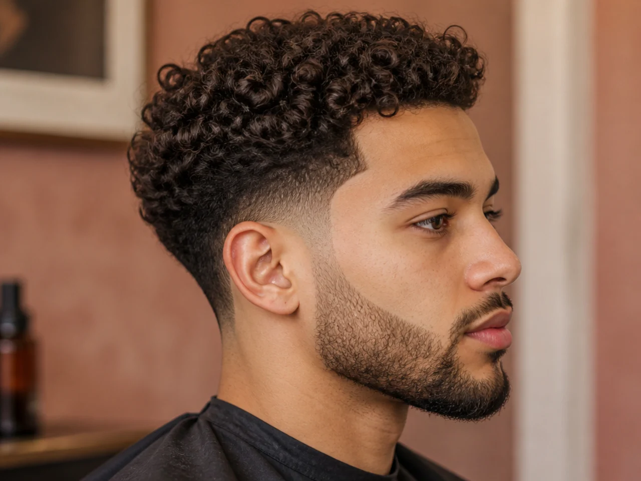 Low taper fade with three inches of loose curl pattern on top, type 3a hair, natural light barbershop portrait