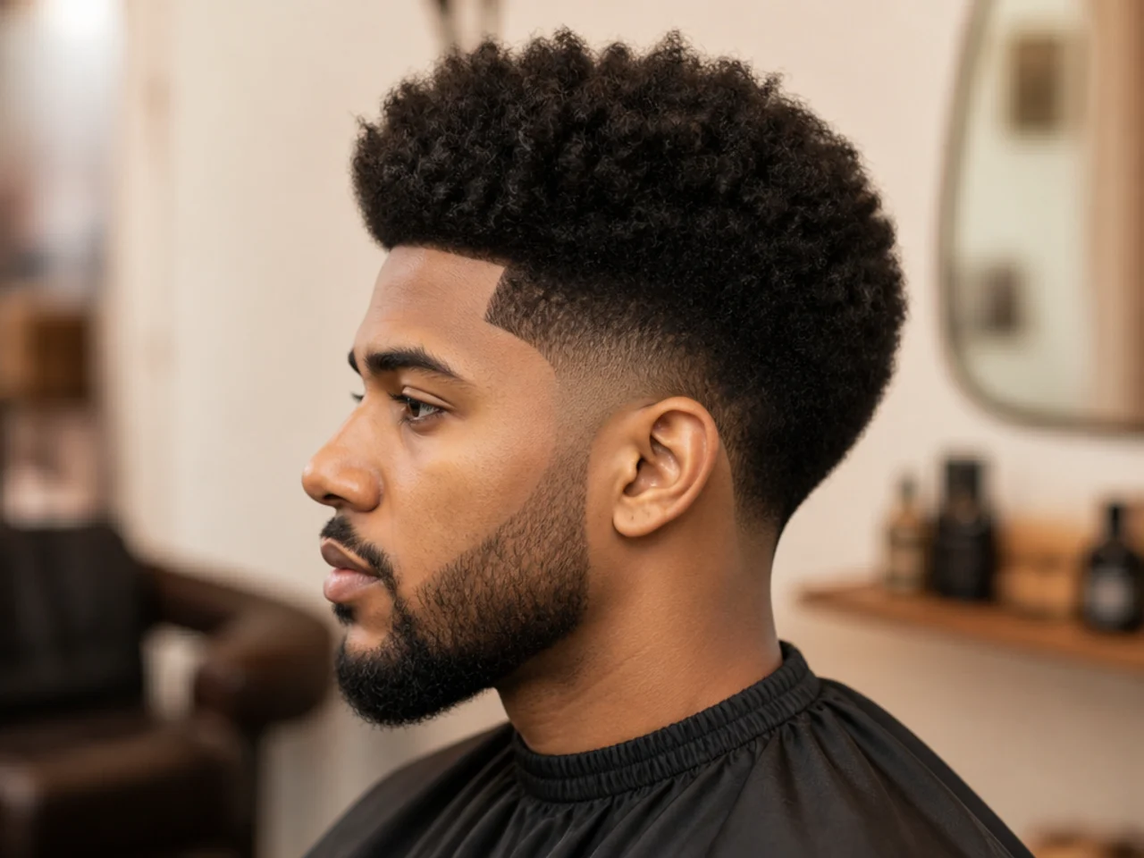 Low taper fade with a rounded full afro on type 4c coily hair, exposed neckline, editorial portrait