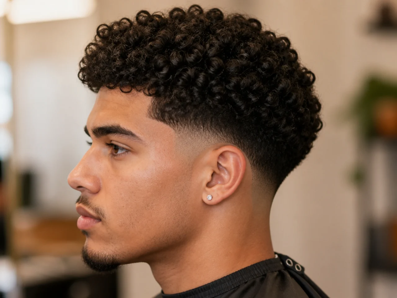 Low taper fade with a curly broccoli top on a young man, Gen Z styling, loose type 3a curls