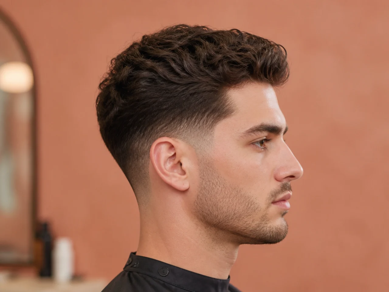 Grid of six classic low taper fade haircuts on different men in a barber shop