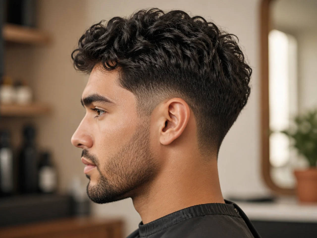 Barber holding clippers over a client showing him a reference photo on a phone in a modern barbershop