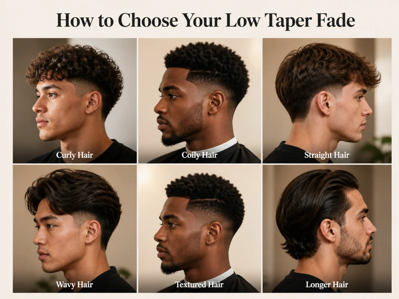 Man reviewing low taper fade reference photos on a phone in front of a barber shop mirror