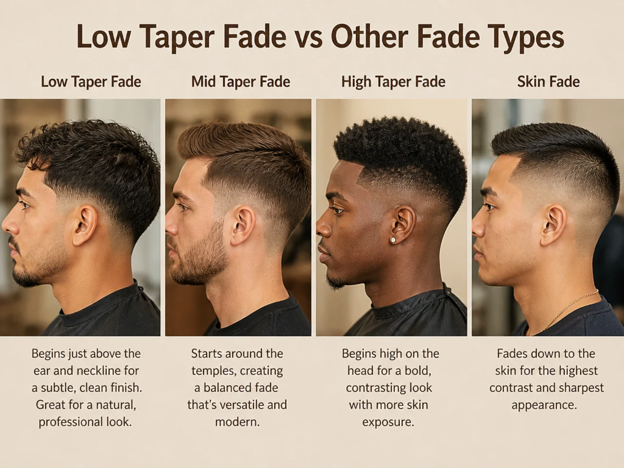 Side-by-side comparison of low taper fade next to low fade, mid fade, and high taper fade on four different men