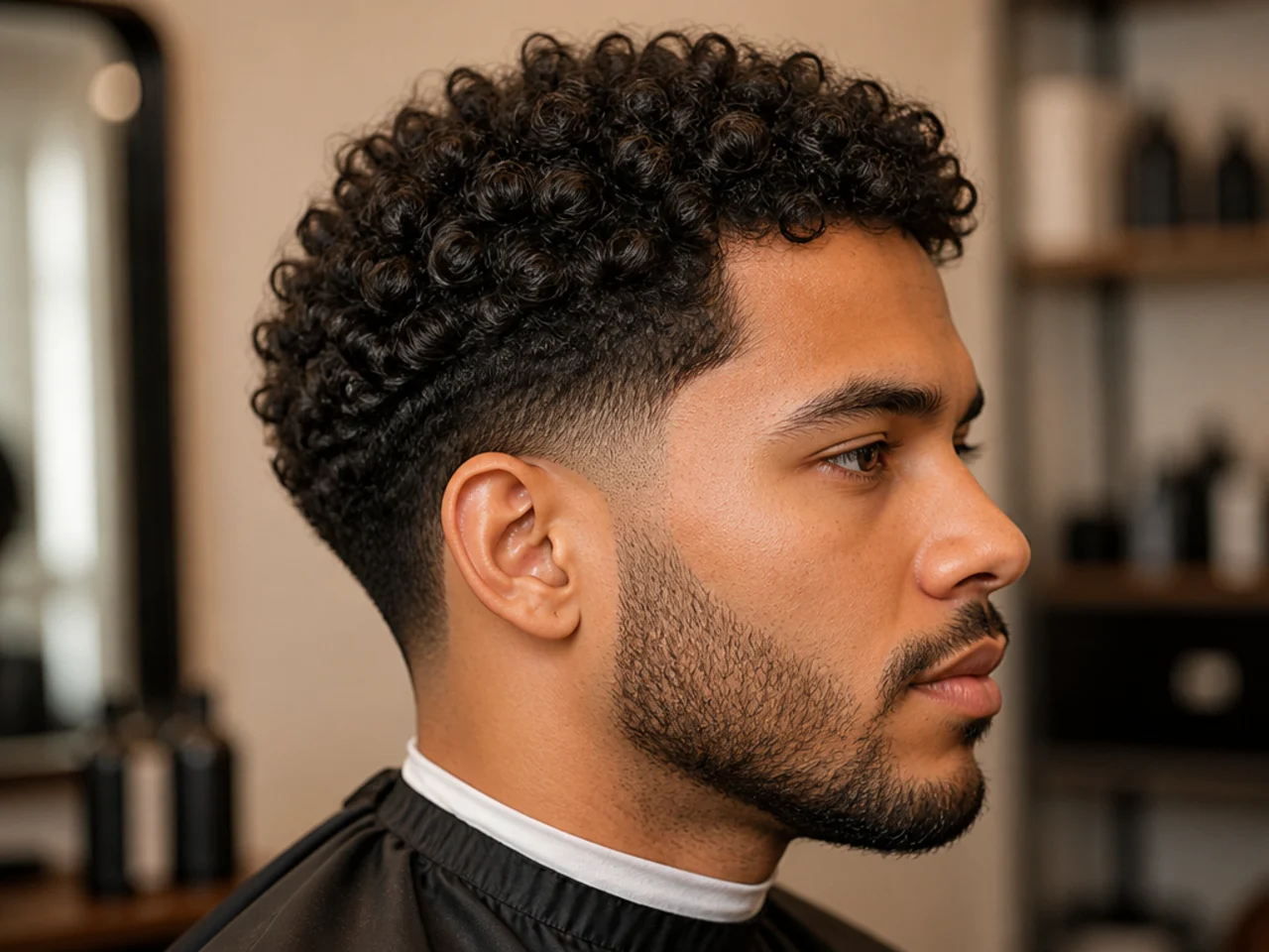 Six-panel grid of low taper fades on curly and coily textures including afro, curls, waves, dreads and twists