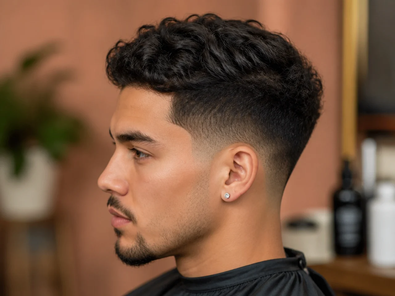 Flat lay of grooming products used to style a low taper fade including matte clay, sea salt spray and pomade