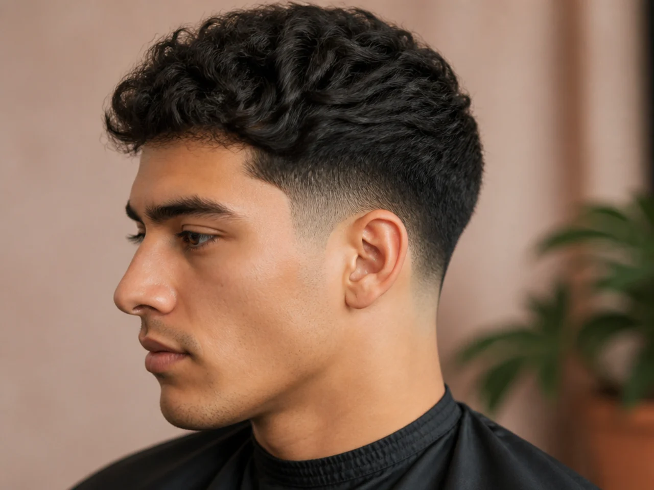 Barber shop side profile of a fresh low taper fade blending softly above the ear on straight brown hair