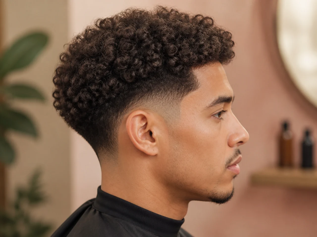 Medium broccoli cut with fluffy curly fringe and low taper fade