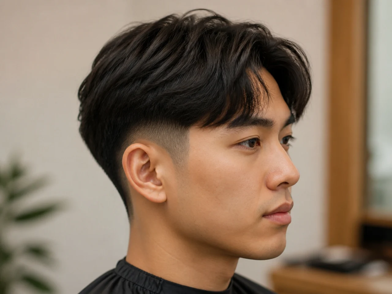 Two block medium haircut with a long top layer draping over a hidden clippered under-layer and low taper fade