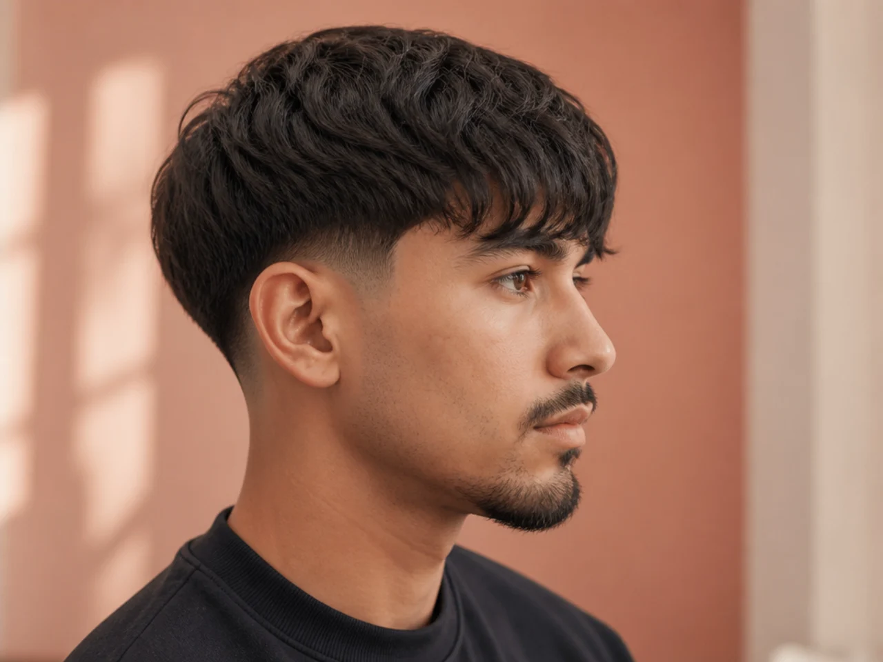 Heavy medium fringe falling past the brows with low taper fade