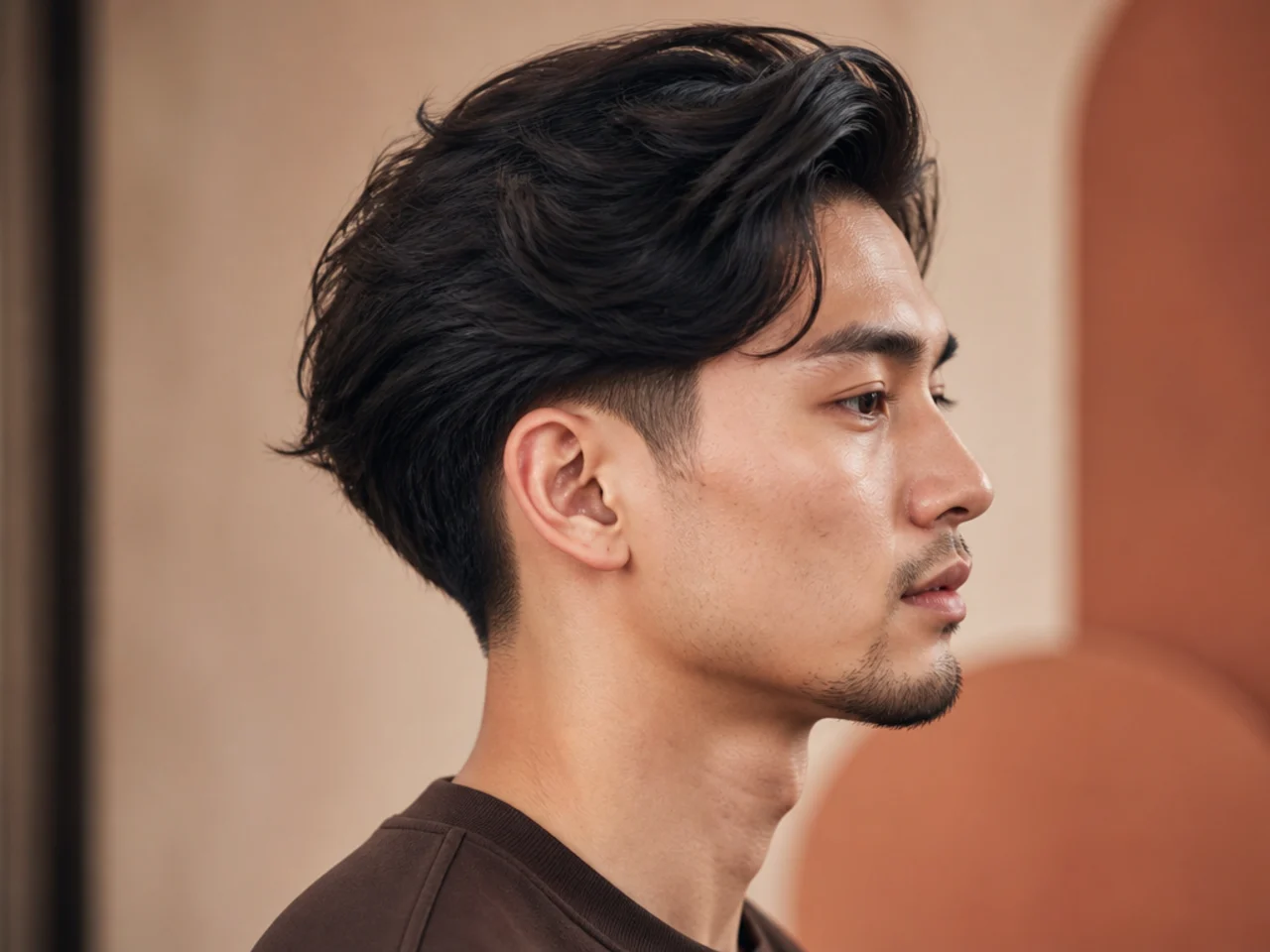 Low drop taper curving behind the ear with a medium flow on top