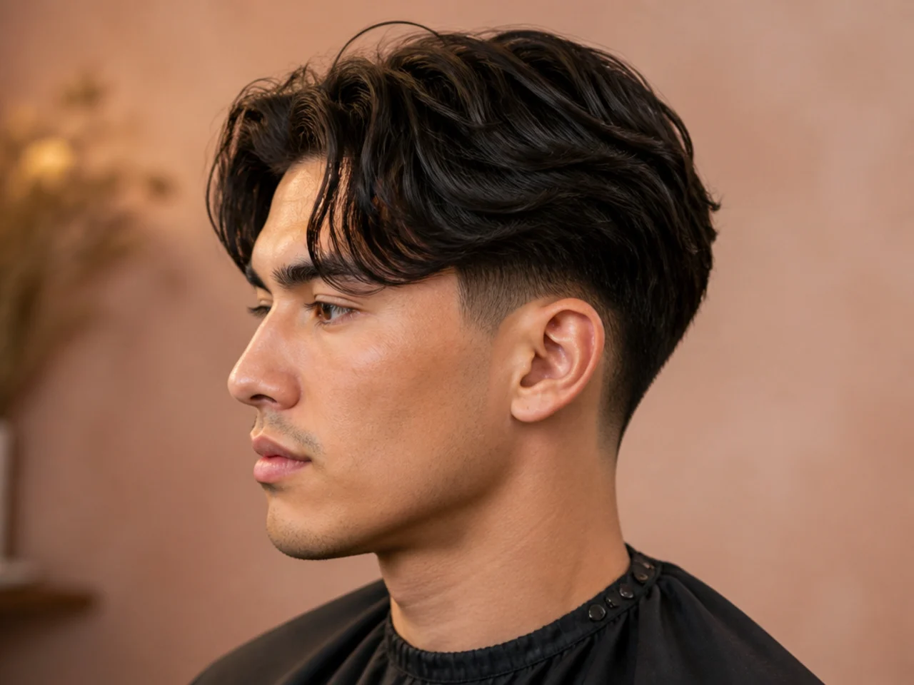 Comma curtain with curved comma-shaped fringe pieces and low taper fade