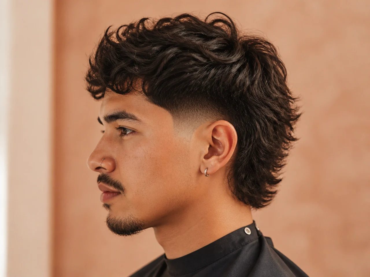 Modern medium mullet with low taper fade at the sides and length grown at the nape