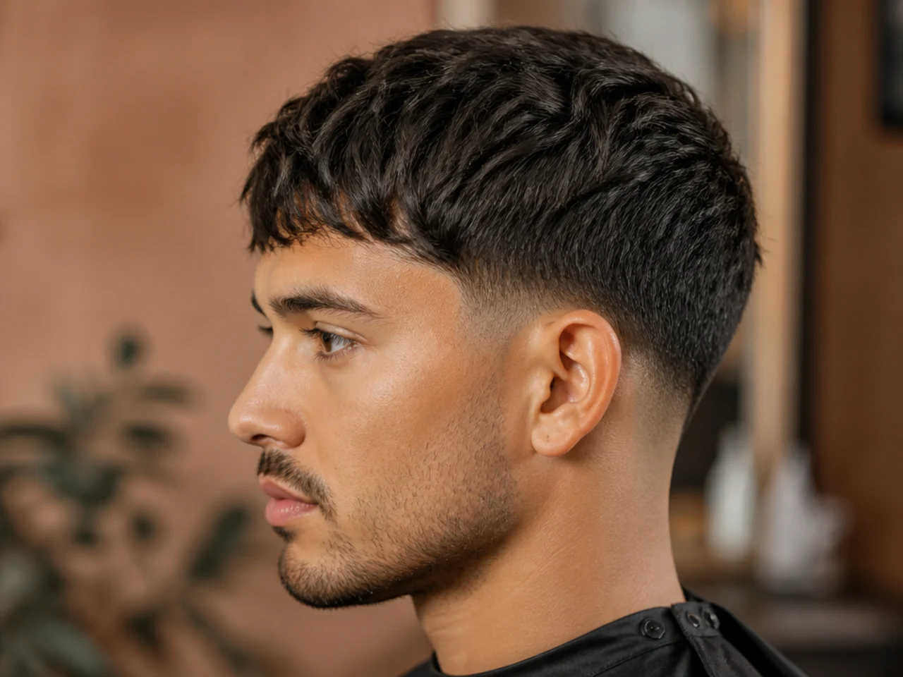 Medium textured crop with piecey fringe and low taper fade