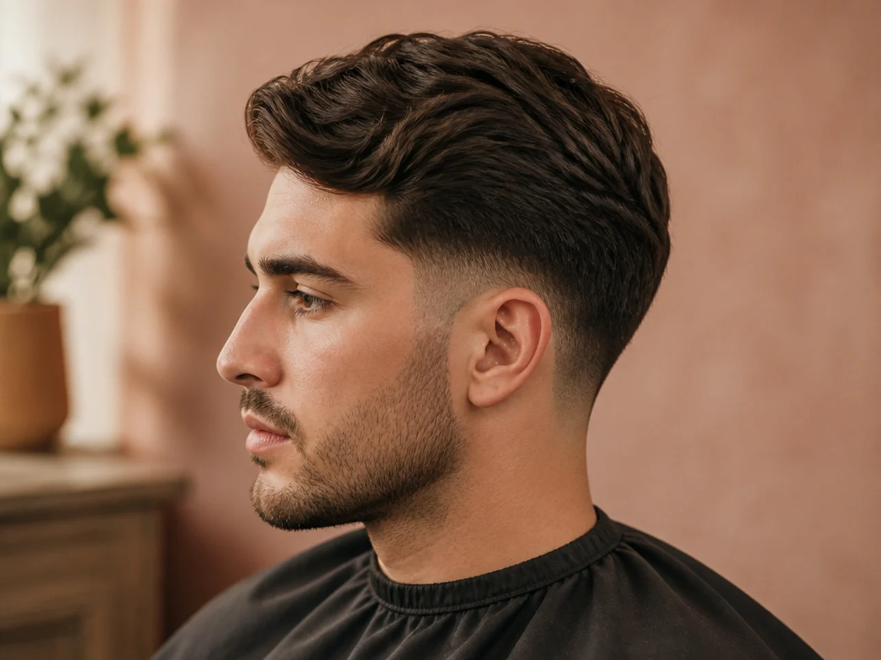Medium Ivy League with a soft side part and low taper fade