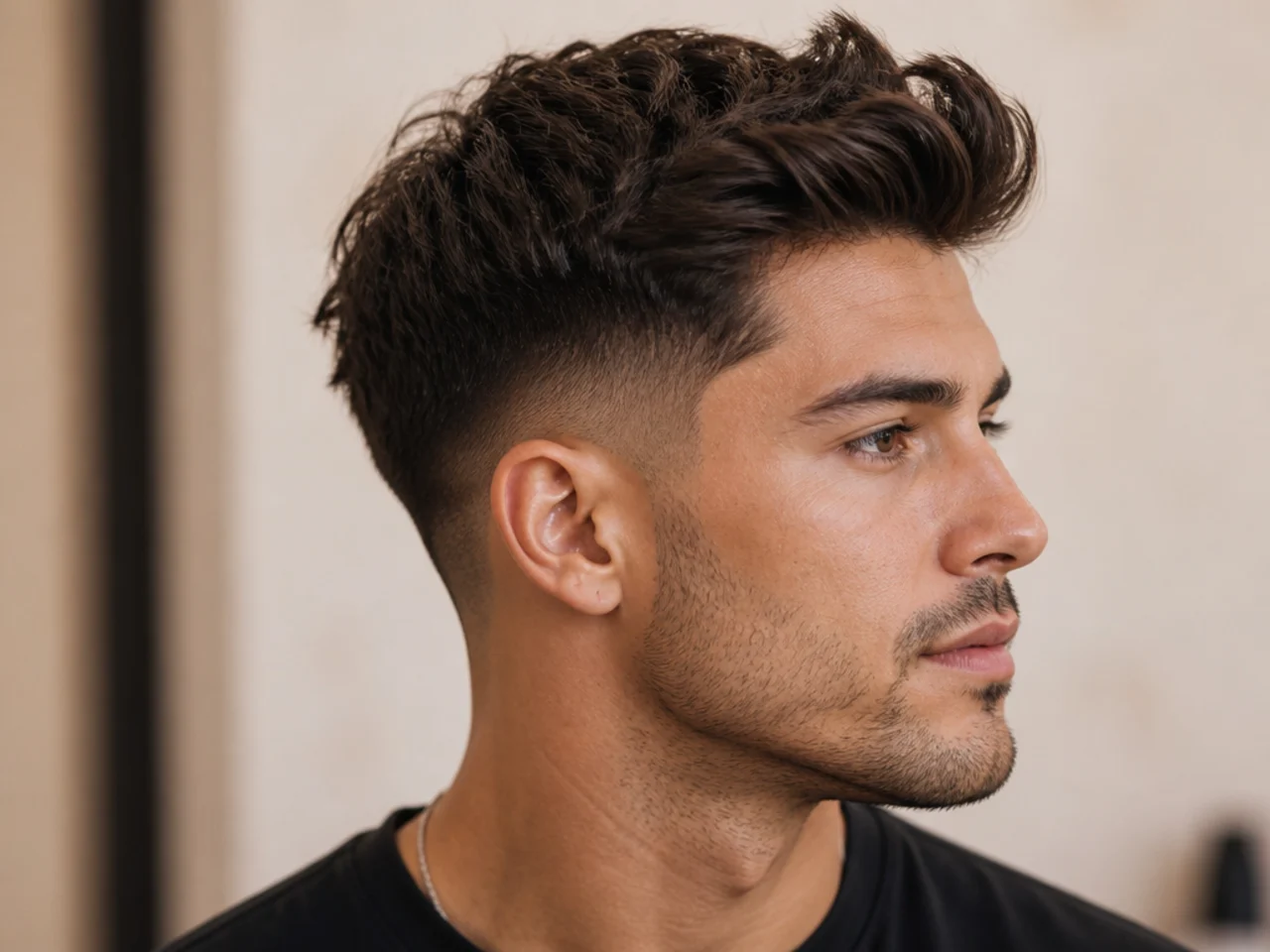 Textured medium quiff with low taper fade lifting the front piece high